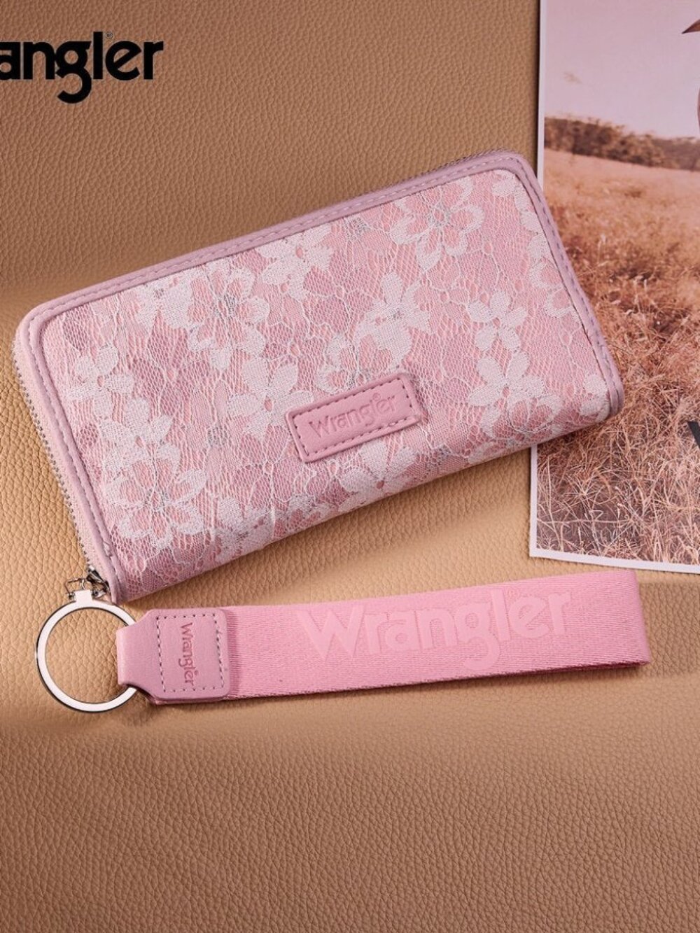 Wrangler Lace Floral RFID Blocking Zip Around Wallet - Pink
